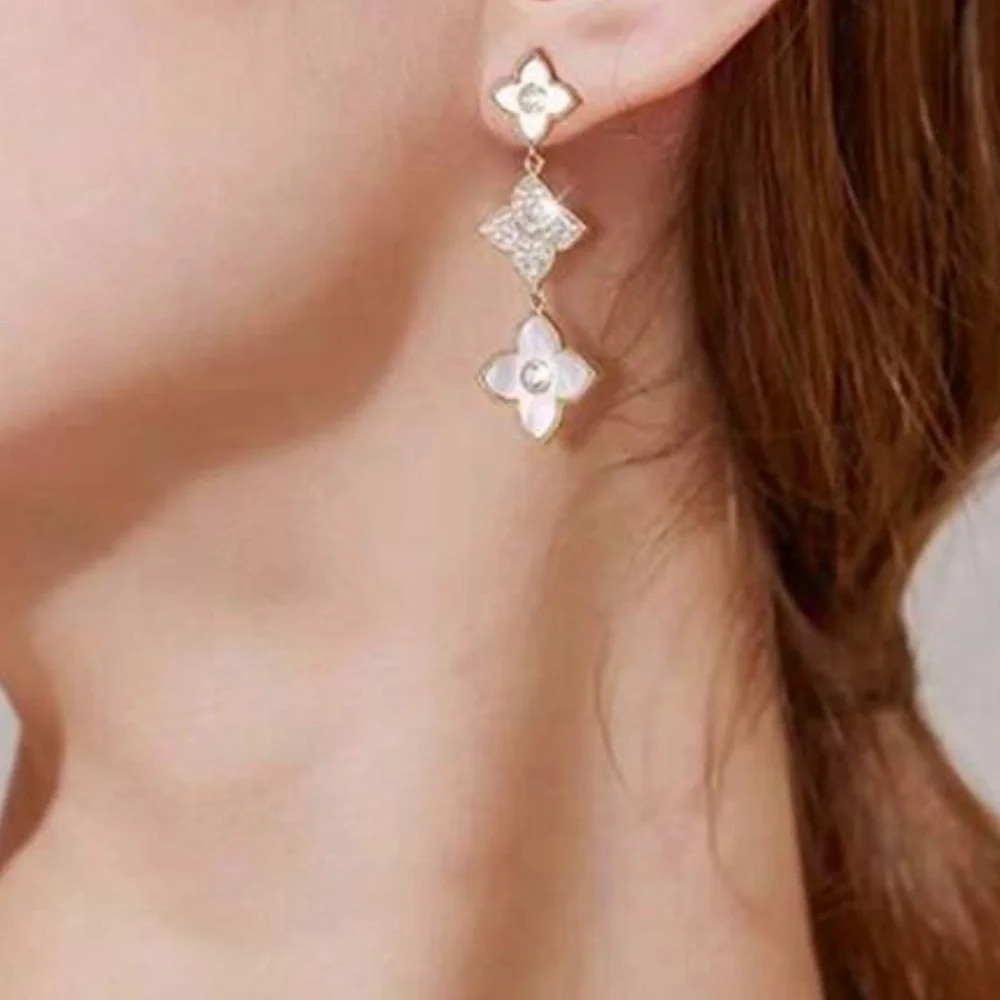 Elegant Gold and Pink Floral Drop Earrings - Picture 4 of 5